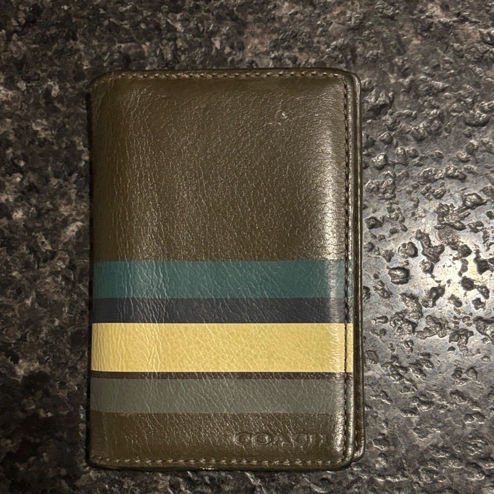 Vintage Coach Elegant Olive Leather Card Holder with Stripes